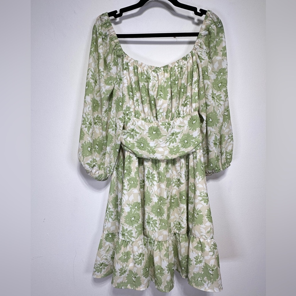 Senllen Green Floral Off Shoulder Mini Dress Tie Back Boho Size XL